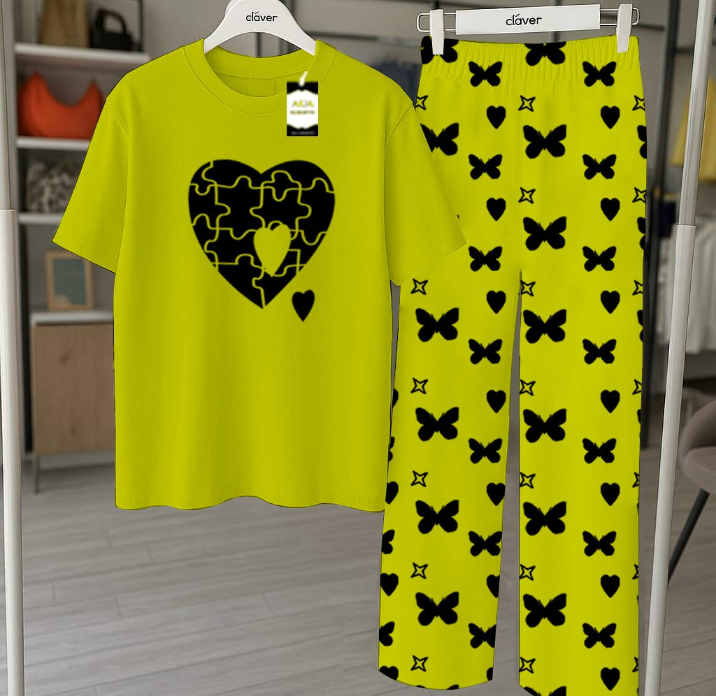 Green Printed Nightwear Set With Star Butterfly Printed Trousers – Women's Lounge Wear