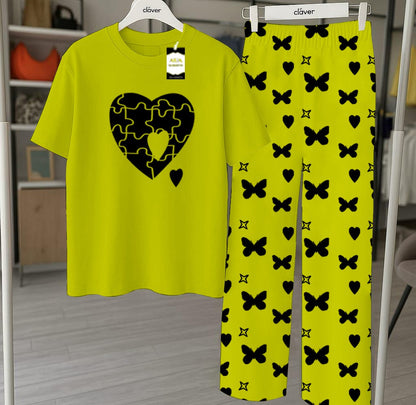 Green Printed Nightwear Set With Star Butterfly Printed Trousers – Women's Lounge Wear