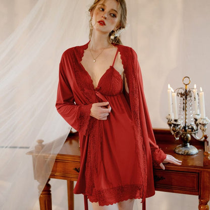 Viral Attire Luxury Satin Lace Nighty Set with Matching Robe – Elegant Bridal Sleepwear for Women