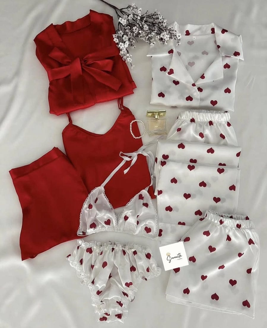 8Pc Heart Printed Satin Nightwear for Women | Premium Nightwear's