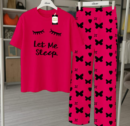 Pink  Nightwear Set With Star Butterfly Printed Trousers – Women's Lounge Wear