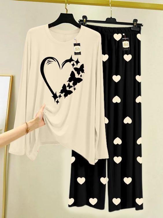 Off white Printed Nightwear Set with Black Mini Heart Printed Trousers – Women's Lounge Wear