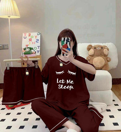 3-Piece Cami Nightwear Set for Women with Elegant White Borders MAROON