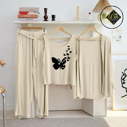 3 Piece Lounge wear Nightwear Sleepwear For Women Beige