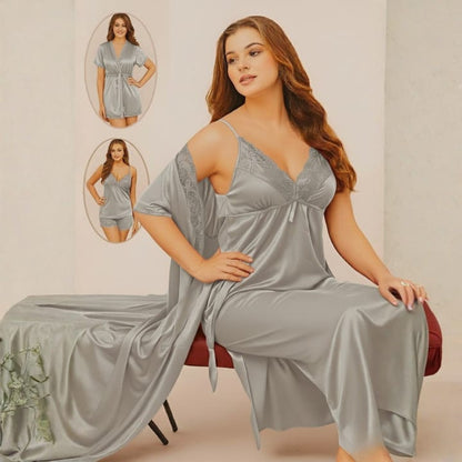 Luxury 4-Piece Silk Nightwear Set – Nightgown, Slip & Satin Robe Combo