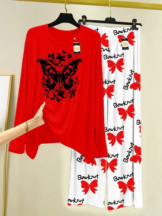 Red Printed Nightwear Set with Boo Printed Trousers – Women's Lounge Wear