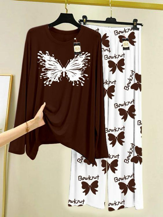 Brown  Printed Nightwear Set with Flower Printed Trousers – Women's Lounge Wear