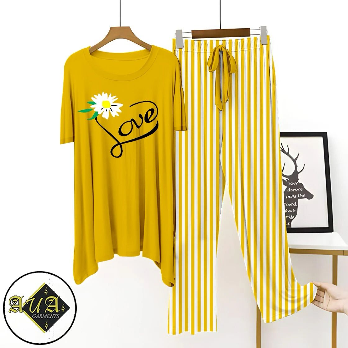Yellow Lining Trouser Printed Night Suit with Luxurious Lining Pajamas Stylish Sleepwear Set for a Cozy Night's Rest