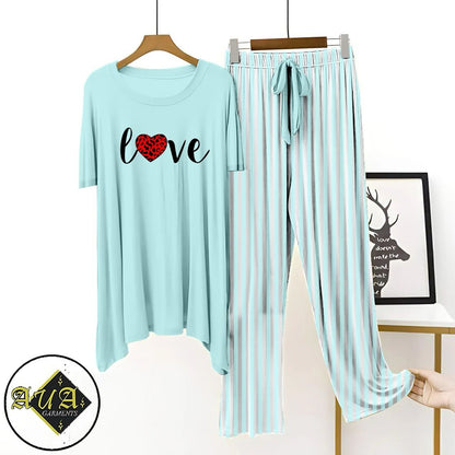 Aqua Blue Lining Trouser Printed Night Suit with Luxurious Lining Pajamas Stylish Sleepwear Set for a Cozy Night's Rest
