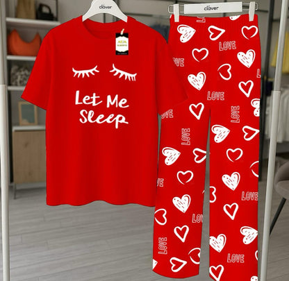 RED  Printed Nightwear Set With Love Heart Printed Trousers – Women's Lounge Wear