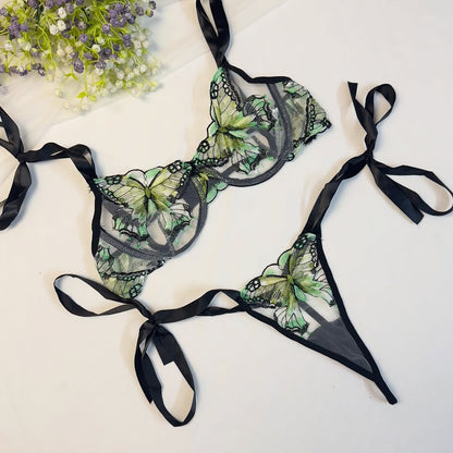 Green Floral Appliqué Bra & Strappy Panty Set