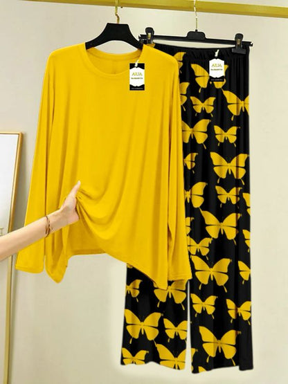 Plan Printed Nightwear Set With Black Butterfly Printed Trousers – Women's Lounge Wear