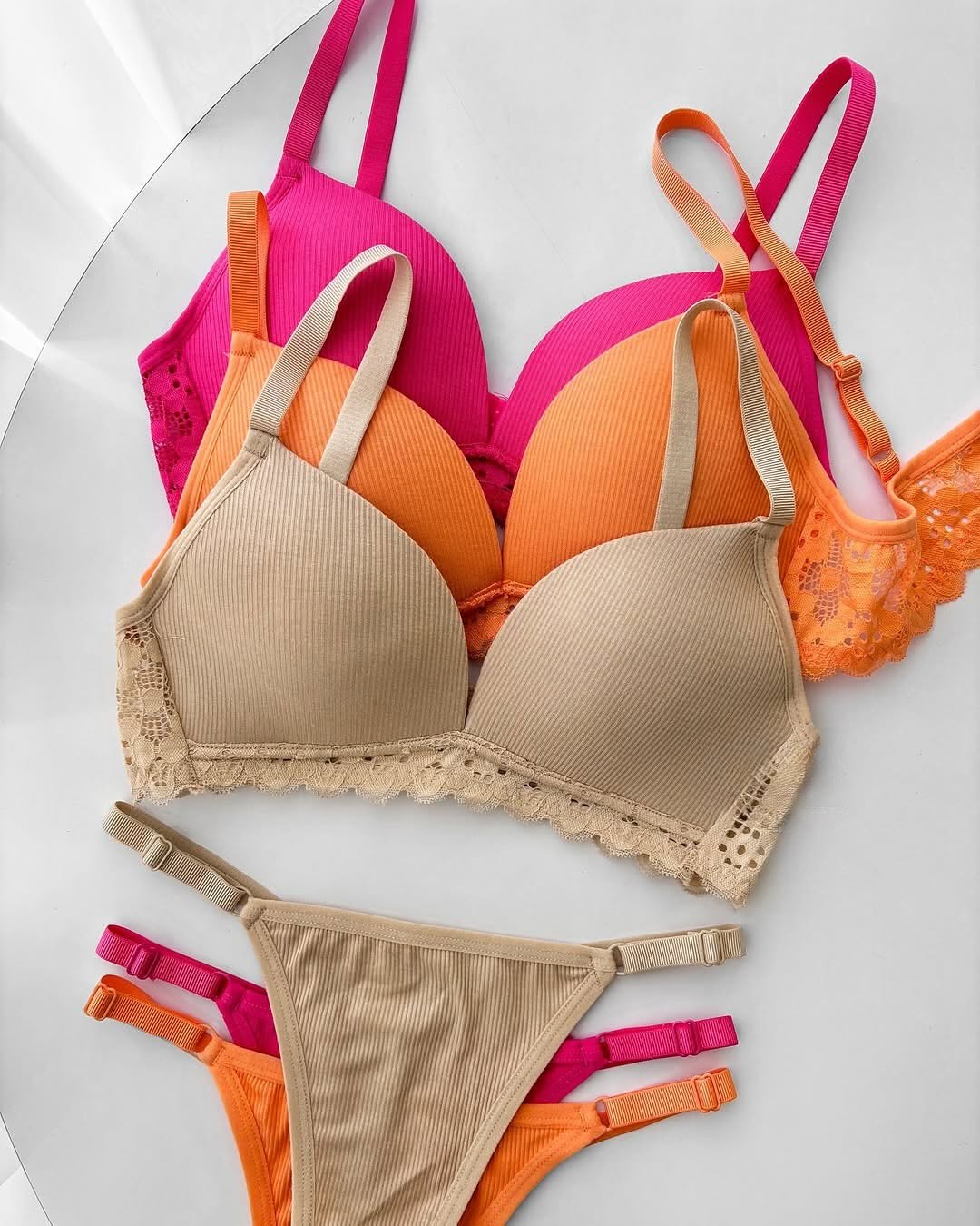 Women's Ribbed Texture Comfort Bra & Panty Set with Eyelet Lace