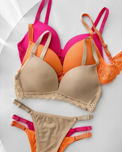 Women's Ribbed Texture Comfort Bra & Panty Set with Eyelet Lace