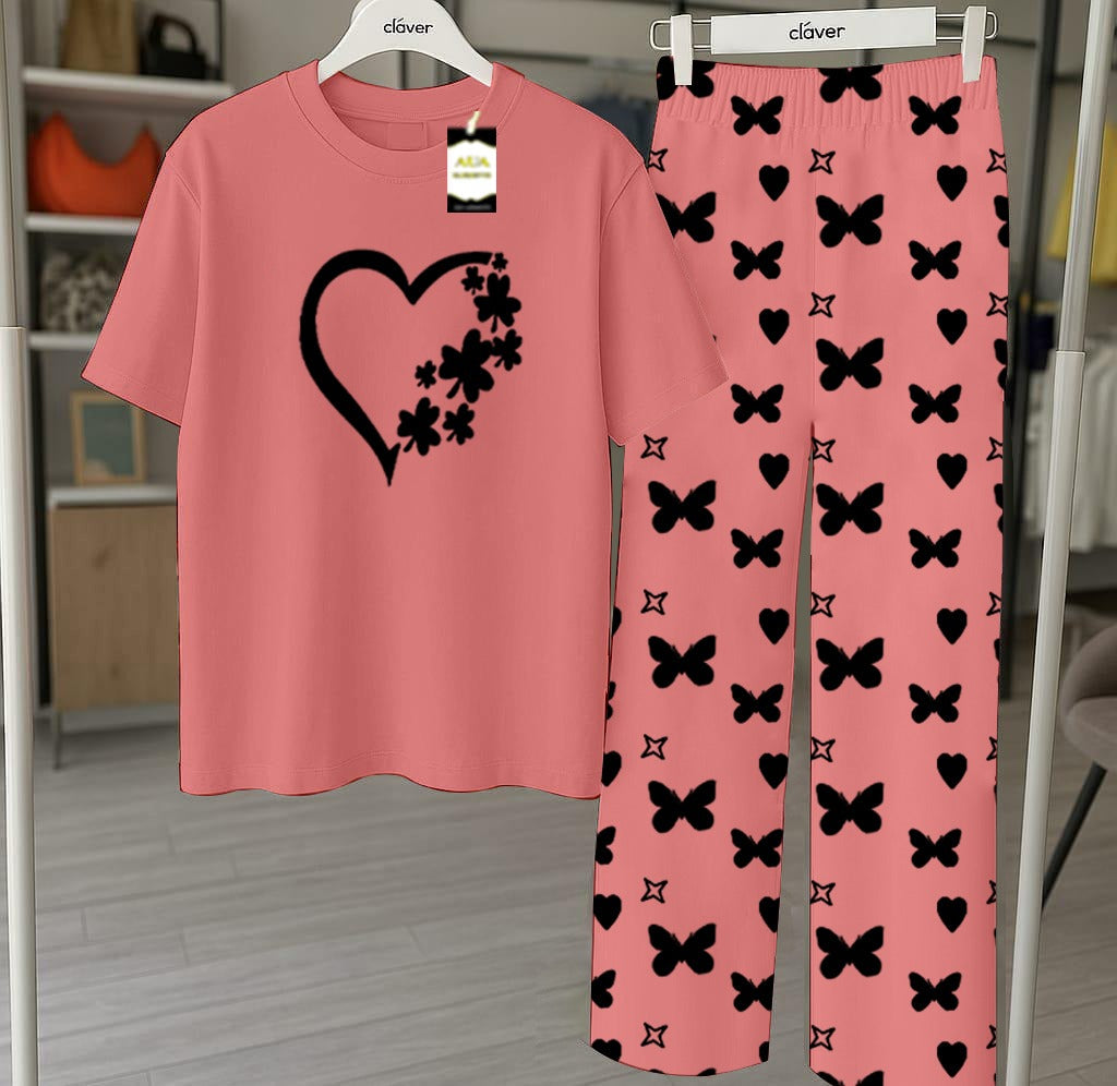 Peach Printed Nightwear Set With Star Butterfly Printed Trousers – Women's Lounge Wear