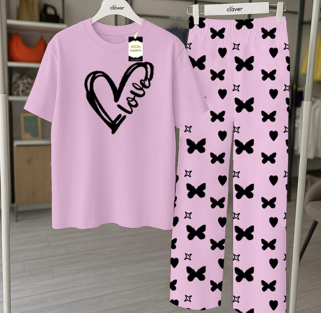 Purple Printed Nightwear Set With Star Butterfly Printed Trousers – Women's Lounge Wear
