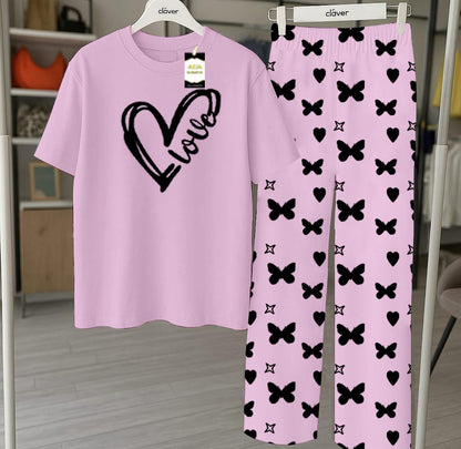 Purple Printed Nightwear Set With Star Butterfly Printed Trousers – Women's Lounge Wear