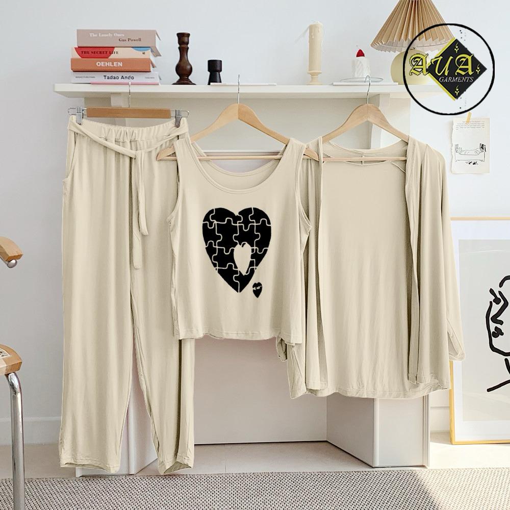 3 Piece Lounge wear Nightwear Sleepwear For Women Beige