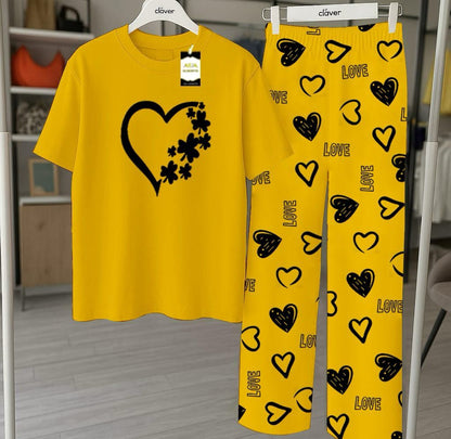 Yellow Printed Nightwear Set With Love Heart Printed Trousers – Women's Lounge Wear
