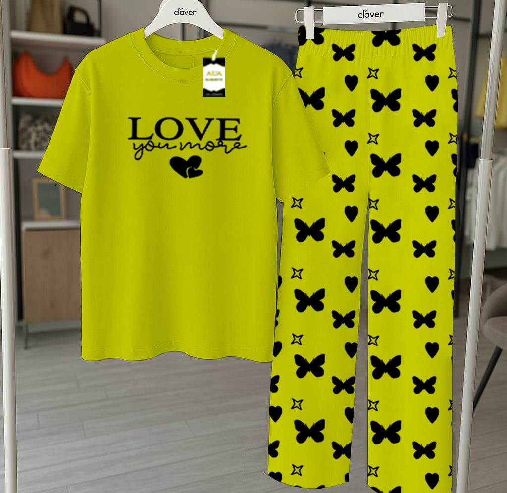 Green Printed Nightwear Set With Star Butterfly Printed Trousers – Women's Lounge Wear