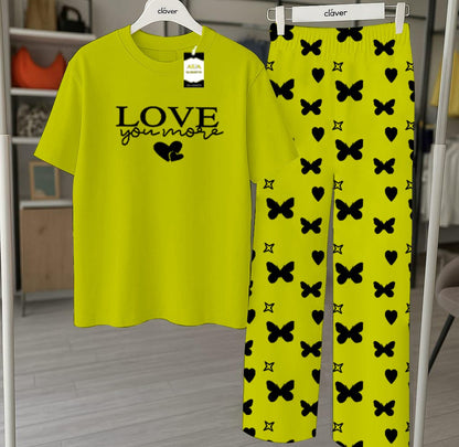 Green Printed Nightwear Set With Star Butterfly Printed Trousers – Women's Lounge Wear