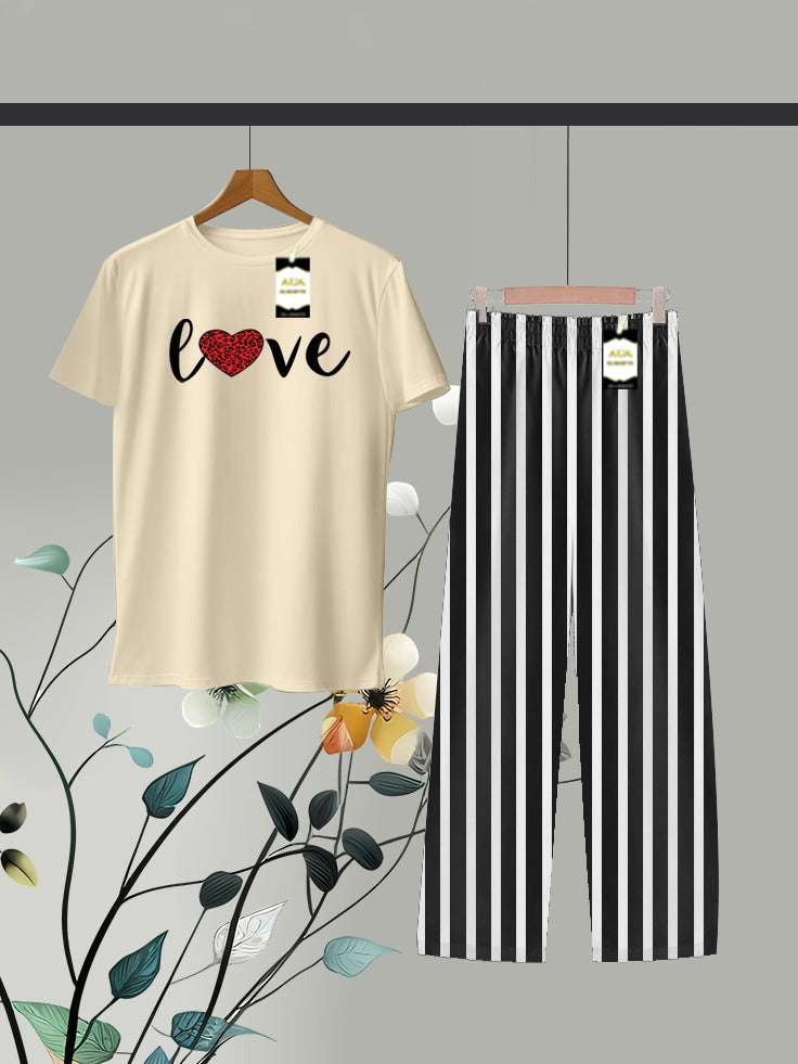 Off White Printed Linig Trouser Lounge wear Nightwear Sleepwear For Women