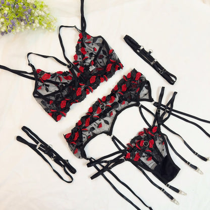 Edgy Black & Red Strappy 3-Piece Lingerie Set