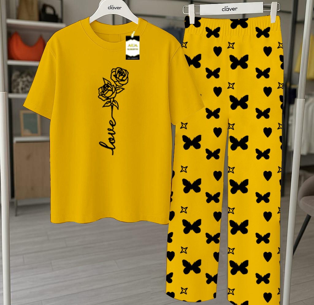 Yellow Printed Nightwear Set With Star Butterfly Printed Trousers – Women's Lounge Wear