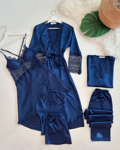 6 Pcs full-length pajama set consisting of a lace-trimmed camisole top and matching long trousers.