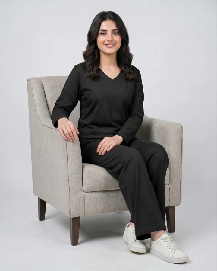 Women V-Neck Lounge Wear -Black